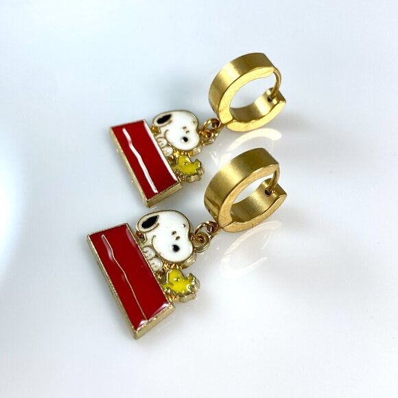 Snoopy Dog & Woodstock on Stainless Steel Huggie Hoop Earrings - Picture 3 of 9